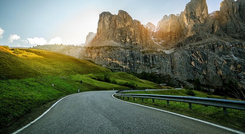 Dolomites mountains and road.