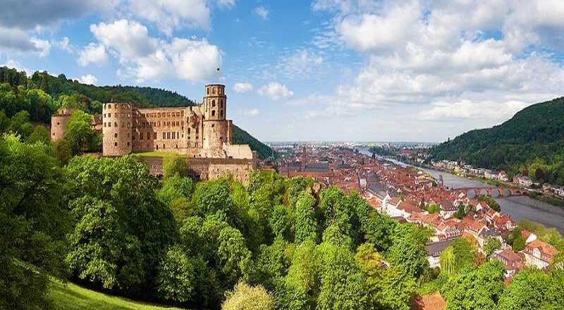 Heidelberg in Germany on a sunny day with blue sky and white clouds.