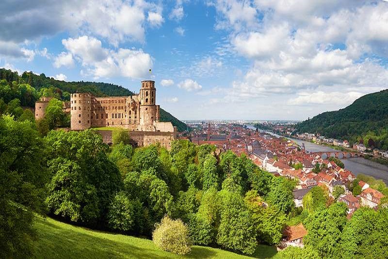 Heidelberg in Germany on a sunny day with blue sky and white clouds.