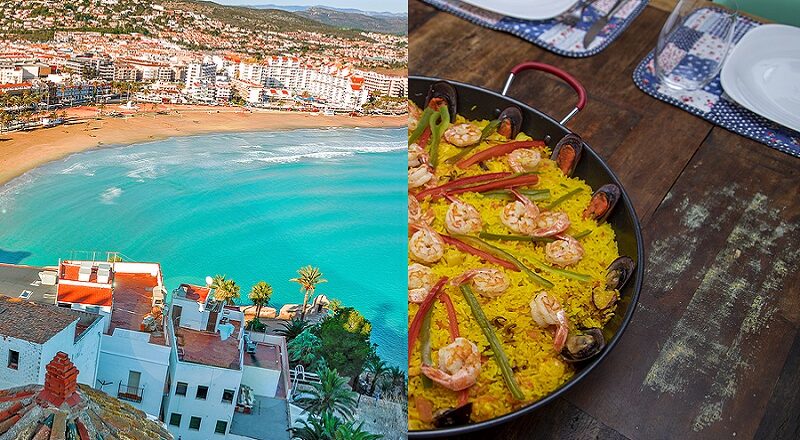 Valencia and paella served on a table.