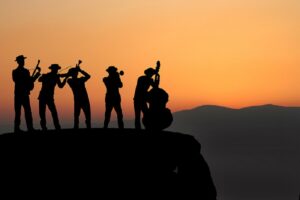 Jazz concert on a mountain at sunset.