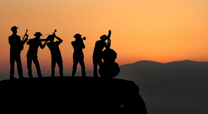 Jazz concert on a mountain at sunset.