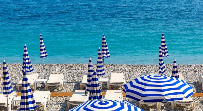 Beach chairs in Nice, France.